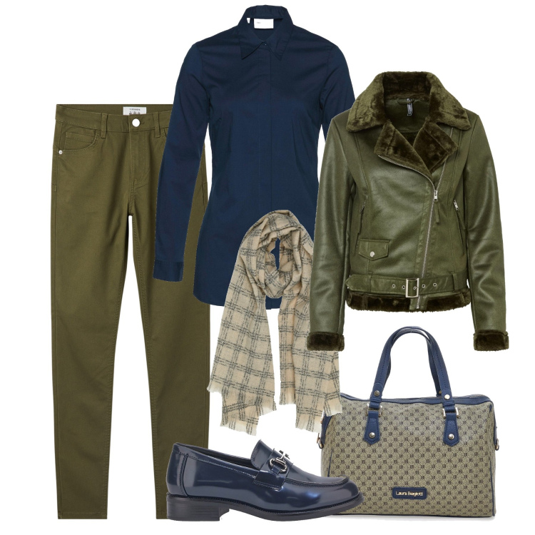 Outfit donna - In ufficio basica blu e verde. Stile Basic per Ufficio. Abbinamento con camicie, blazer, pantaloni skinny, borse a spalla, sciarpe, mocassini.
