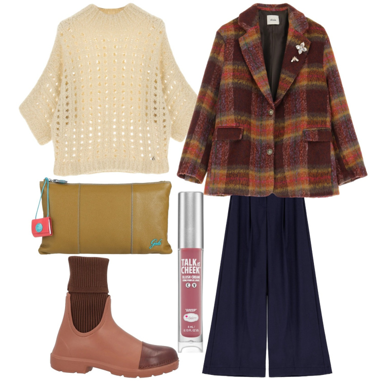 Outfit donna - Pranzo in campagna. Stile Casual chic per Tutti i giorni. Abbinamento con stivaletti chelsea, borse a mano, blush, pantaloni, pullovers, blazer.