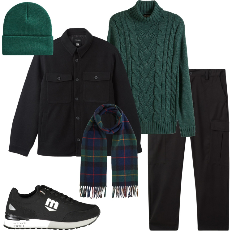Outfit uomo - Freddo a gennaio. Stile Urban per Tutti i giorni. Abbinamento con maglieria, cappotti, berretti, pantaloni cargo, sciarpe, sneakers.