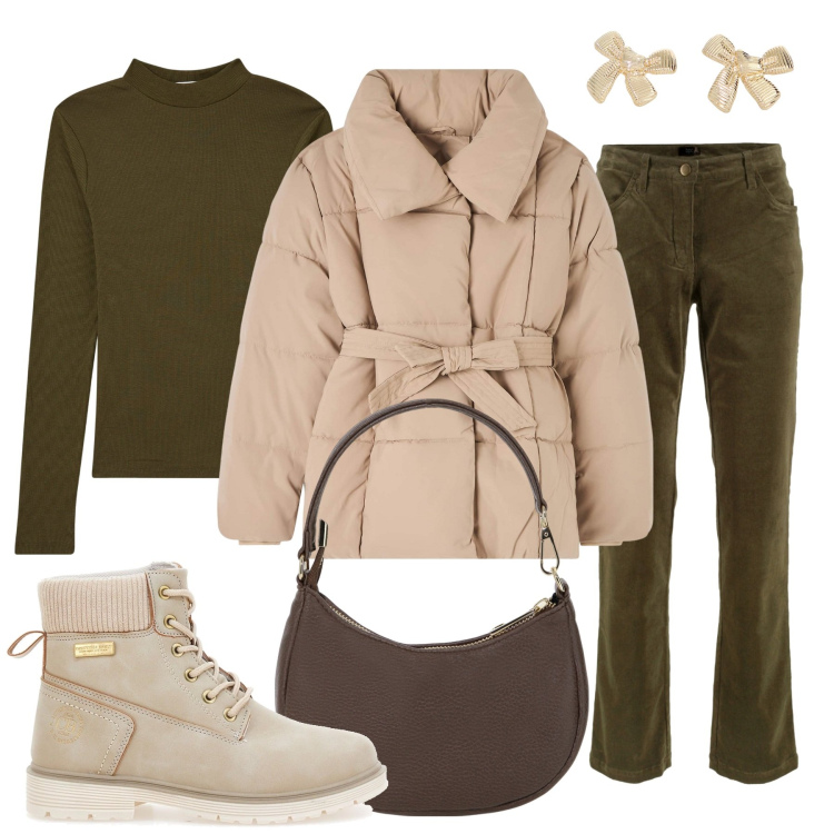 Outfit donna - Nocciola e cioccolato. Stile Basic per Tutti i giorni. Abbinamento con pantaloni, piumini, t-shirt, orecchini, borse a spalla, stivaletti.