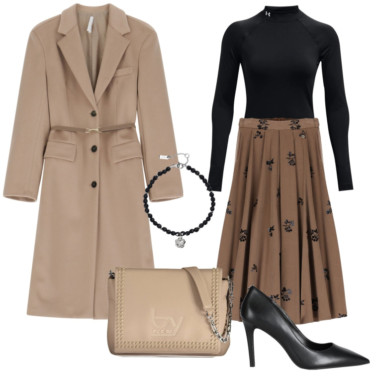 Outfit donna - In ufficio. Stile Chic per Ufficio. Abbinamento con décolleté, braccialetti, gonne lunghe, cappotti, pullovers, borse a spalla.