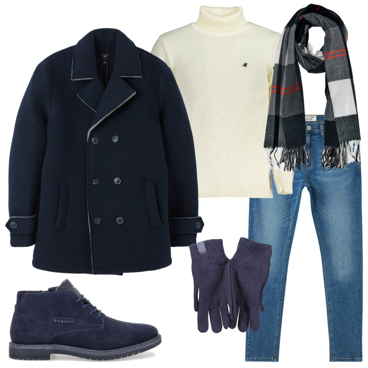 Outfit uomo - Look sporty chic. Stile Urban per Serata speciale. Abbinamento con giacche, jeans slim fit, sciarpe, scarpe stringate, maglieria, guanti.