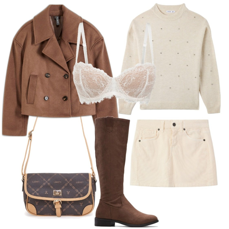 Outfit donna - City. Stile Casual per Serata fuori. Abbinamento con stivali, reggiseni a balconcino, caban, maglieria, minigonne, borse a tracolla.