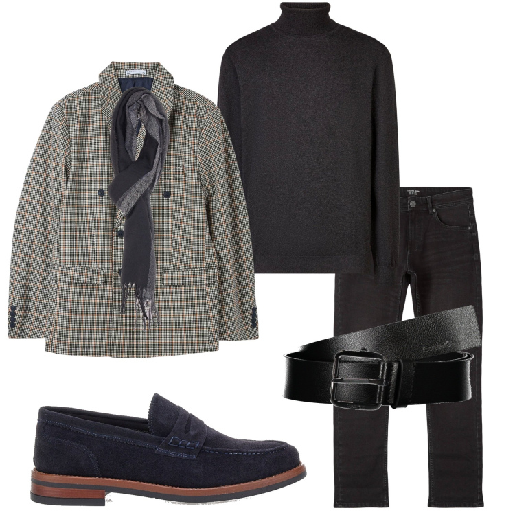 Outfit uomo - In ufficio. Stile Business/Elegante per Ufficio. Abbinamento con giacche, jeans, sciarpe, cinture, maglieria, scarpe stringate.