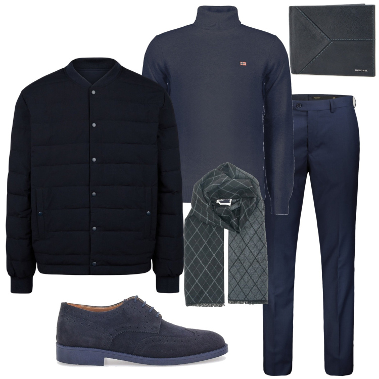 Outfit uomo - Il classico blu. Stile Urban per Ufficio. Abbinamento con scarpe stringate, sciarpe, portafogli, pantaloni, maglieria, piumini.