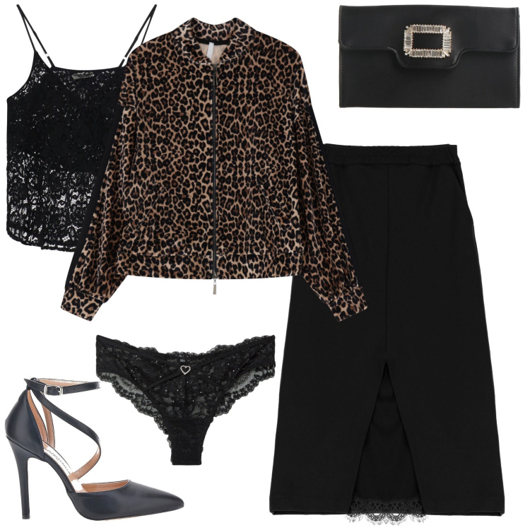 Outfit donna - Serata. Stile Glamour per Serata fuori. Abbinamento con borse a mano, culotte, bomber, gonne, top, décolleté.