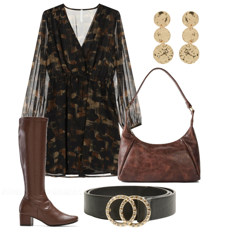 Outfit donna - Dedicato. Stile Trendy per Serata fuori. Abbinamento con stivali, borse a mano, cinture, vestiti corti, orecchini.