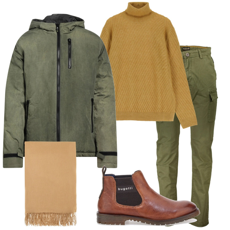 Outfit uomo - A gennaio. Stile Urban per Tutti i giorni. Abbinamento con giacche, maglieria, sciarpe, stivali e stivaletti, pantaloni.