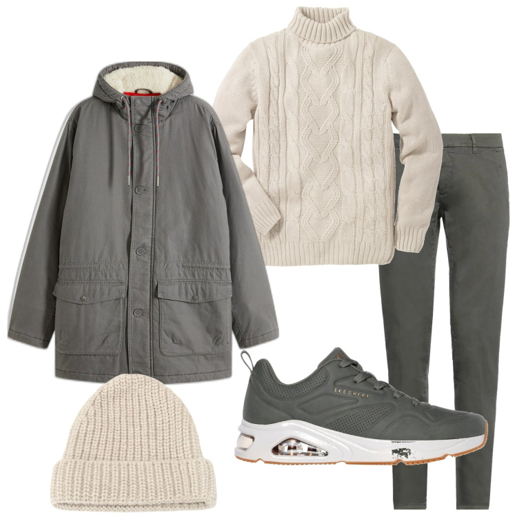 Outfit uomo - A gennaio. Stile Urban per Tutti i giorni. Abbinamento con maglieria, parka, pantaloni, berretti, sneakers.