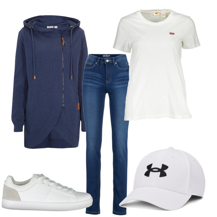 Outfit donna - Casual Coolness. Stile Sporty chic per Tutti i giorni. look ideale per Petite. Abbinamento con blazer, jeans, cappelli, sneakers, t-shirt.