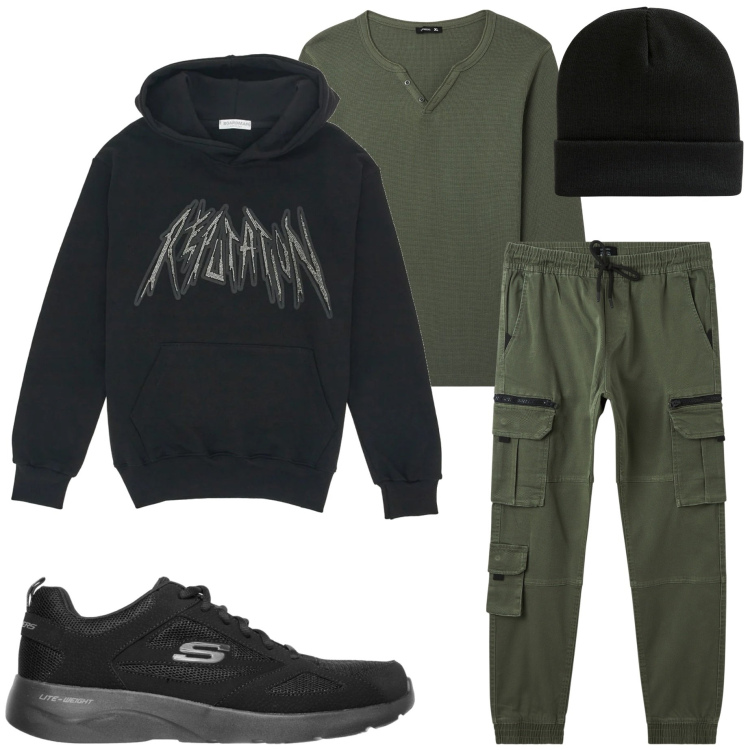 Outfit uomo - Casual. Stile Casual per Tutti i giorni. Abbinamento con t-shirt, berretti, pantaloni cargo, felpe con cappuccio, sneakers.
