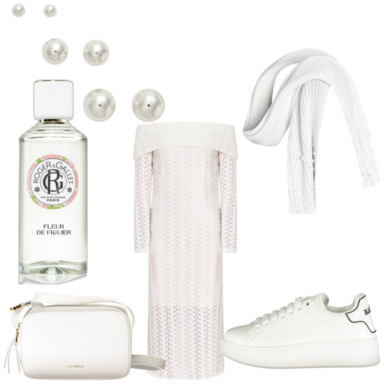 Outfit donna - In bianco. Stile Sporty chic per Serata fuori. Abbinamento con profumi, vestiti midi/longuette, sciarpe, orecchini, borse a tracolla, sneakers.
