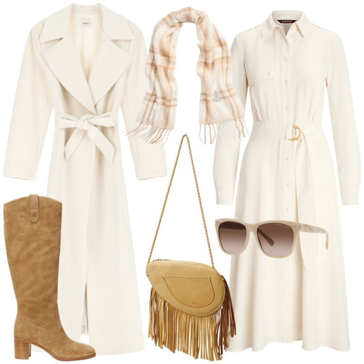 Outfit donna - Total look #2034459. Stile Chic per Tutti i giorni. Abbinamento con cappotti, occhiali da sole, vestiti chemisier, borse a tracolla, stivali, sciarpe.