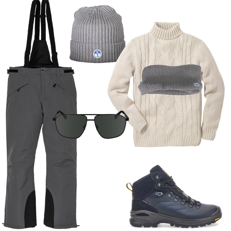 Outfit uomo - Neve. Stile Trendy per Sport. Abbinamento con maglieria, pantaloni, stivali e stivaletti, sciarpe, occhiali da sole, berretti.