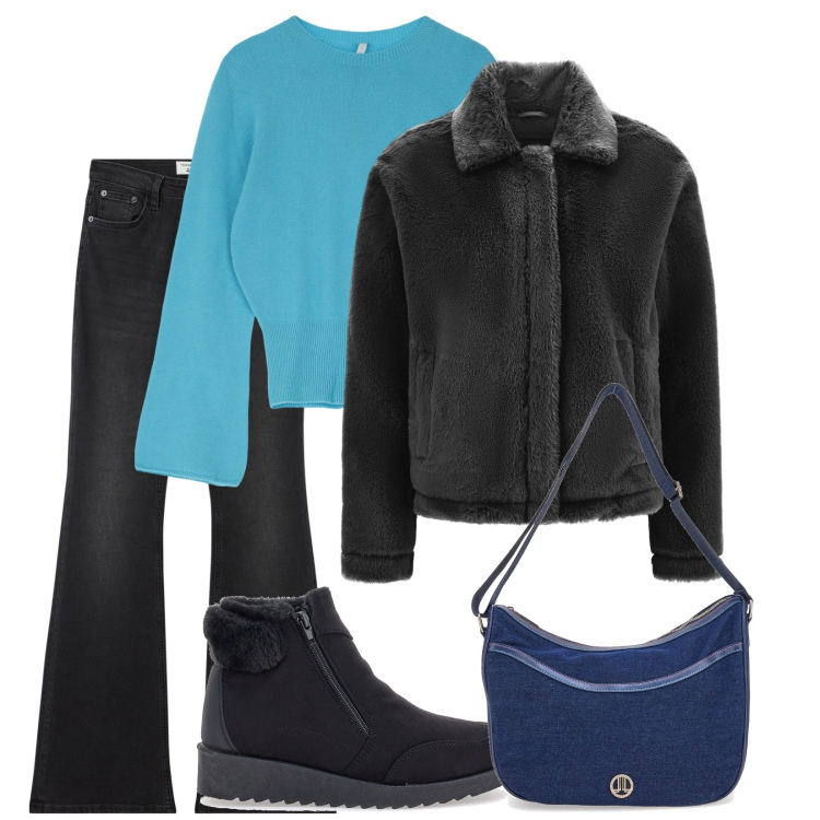 Outfit donna - Di scuro e celeste. Stile Casual per Tutti i giorni. Abbinamento con jeans a zampa, pullovers, cappotti, stivaletti, borse a tracolla.