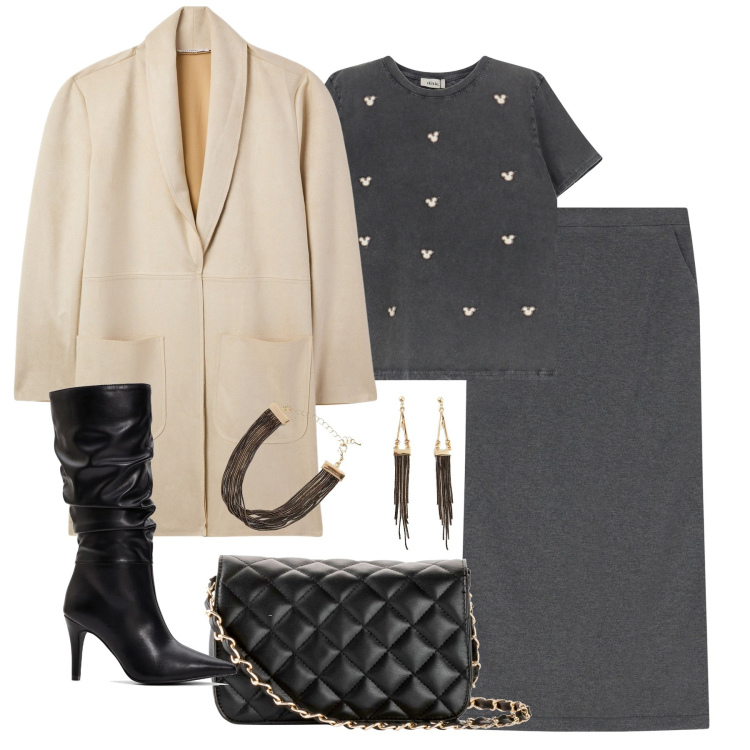 Outfit donna - City. Stile Urban per Tutti i giorni. Abbinamento con borse a tracolla, stivali, braccialetti, trench, t-shirt, gonne lunghe.