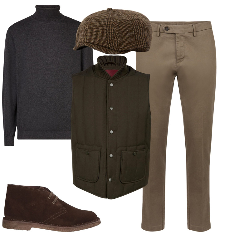 Outfit uomo - City. Stile Urban per Tutti i giorni. Abbinamento con stivali e stivaletti, piumini, pantaloni chino, maglieria, cappelli.