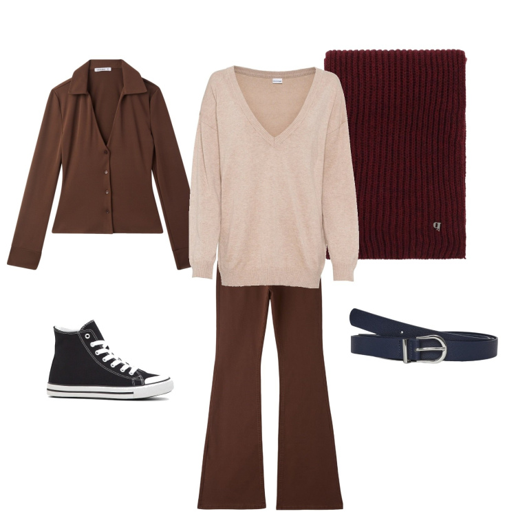 Outfit donna - Sfumature marroni. Stile 70s per Ufficio. Abbinamento con sneakers alte, maglieria, pantaloni, camicie, cinture, sciarpe.