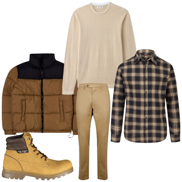 Outfit uomo - Mood invernale. Stile Casual per Tutti i giorni. Abbinamento con giacche, maglieria, camicie, stivali, pantaloni chino.