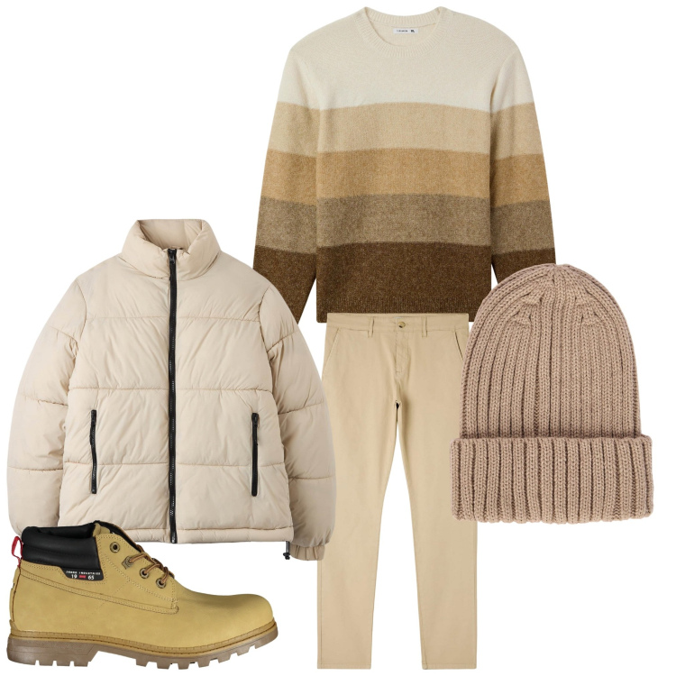 Outfit uomo - Il maglione a righe. Stile Casual per Tutti i giorni. Abbinamento con maglieria, pantaloni chino, piumini, berretti, stivali.
