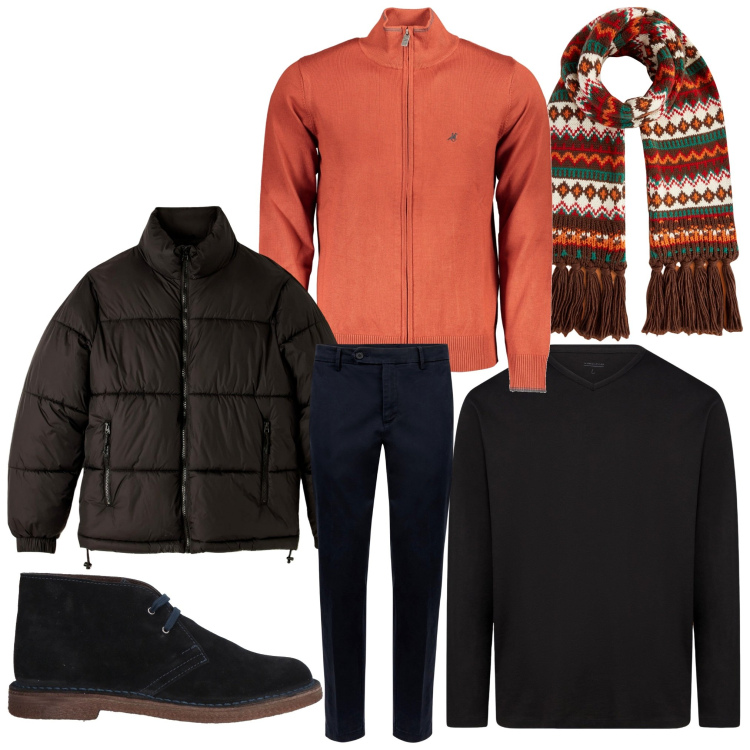 Outfit uomo - Passeggiata. Stile Casual per Tutti i giorni. Abbinamento con stivali e stivaletti, piumini, sciarpe, pantaloni chino, cardigans, t-shirt.