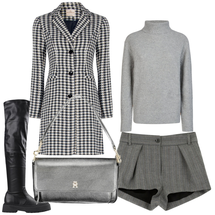 Outfit donna - Il cappotto a quadretti. Stile Casual chic per Serata fuori. Abbinamento con stivali, cappotti, shorts, maglieria, borse a spalla.