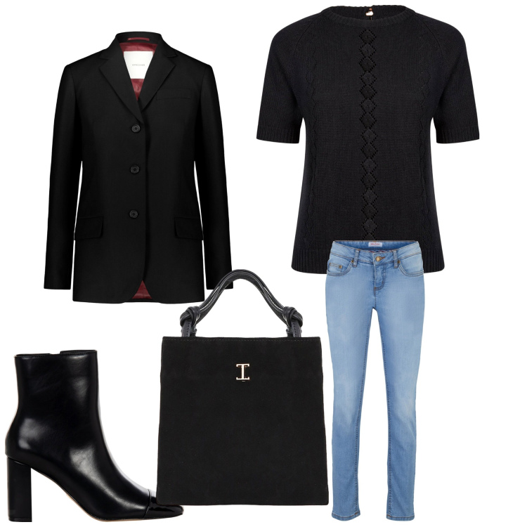 Outfit donna - Giacca e jeans. Stile Casual chic per Ufficio. Abbinamento con jeans skinny, stivaletti, shopping bag, blazer, maglieria.
