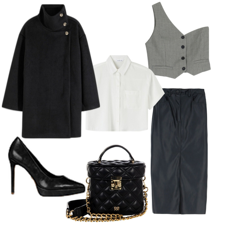 Outfit donna - In ufficio. Stile Bon Ton per Ufficio. Abbinamento con cappotti, camicie a manica corta, borse a mano, décolleté, gilet, gonne longuette.