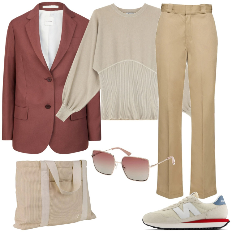 Outfit donna - Total look #2034503. Stile Casual per Tutti i giorni. Abbinamento con maglieria, sneakers, shopping bag, blazer, pantaloni, occhiali da sole.