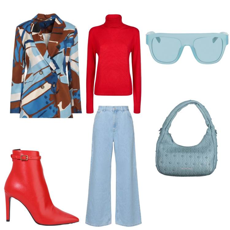 Outfit donna - Giorno chic. Stile Casual chic per Tutti i giorni. Abbinamento con blazer, occhiali da sole, stivaletti, maglieria, borse a spalla, jeans.