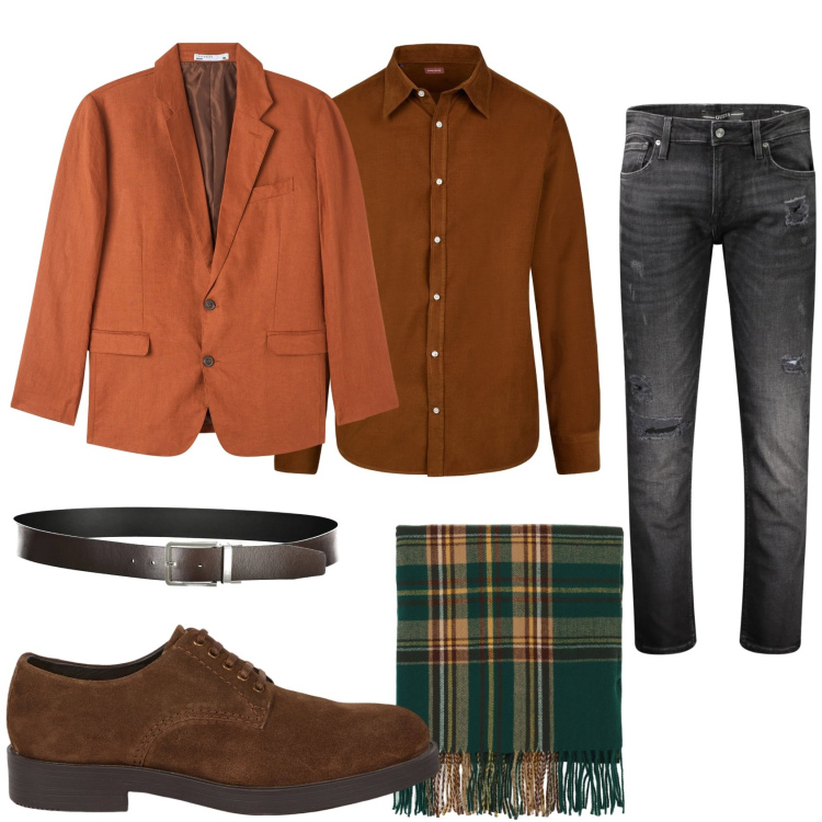 Outfit uomo - Il giorno di festa. Stile Trendy per Tutti i giorni. Abbinamento con giacche, sciarpe, cinture, jeans strappati, camicie, scarpe stringate.
