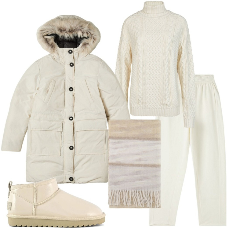 Outfit donna - Winter whites. Stile Urban per Tutti i giorni. Abbinamento con parka, pantaloni, foulard, stivali, maglieria.