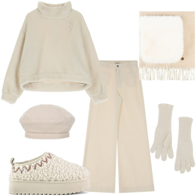 Outfit donna - Winter whites. Stile Casual per Scuola/Università. Abbinamento con sciarpe, guanti, pantaloni a palazzo, felpe, cappelli e berretti, sabot.