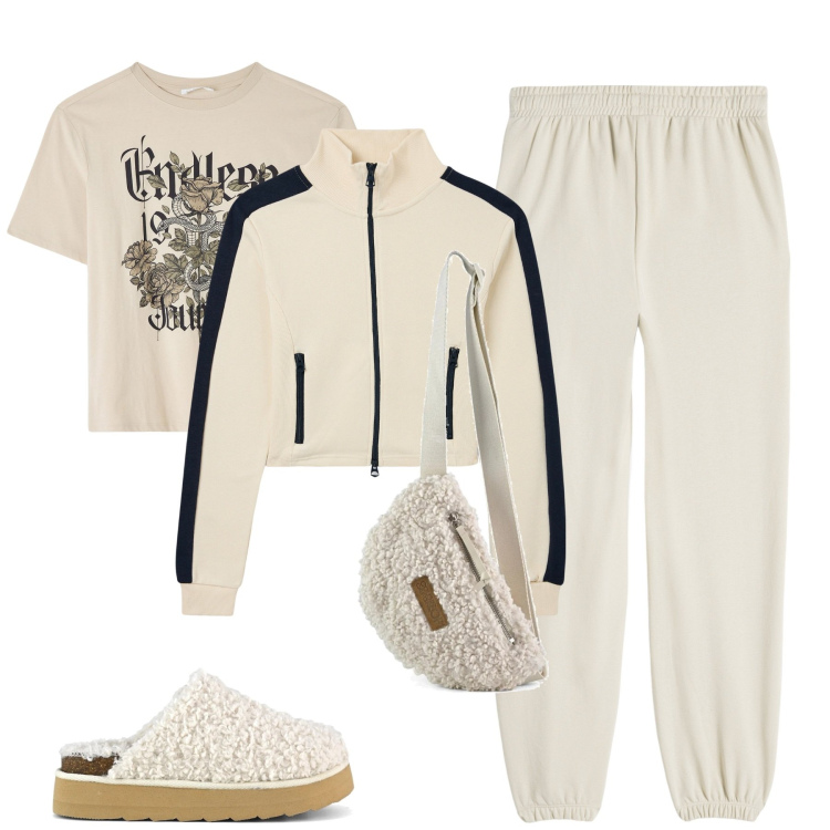 Outfit donna - White Winter casual. Stile Casual per Tutti i giorni. Abbinamento con t-shirt, felpe, pantaloni, marsupi, sabot.