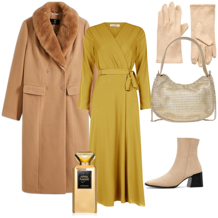 Outfit donna - Total look #2034535. Stile Chic per Tutti i giorni. Abbinamento con stivaletti, cappotti, profumi, guanti, borse a spalla, vestiti chemisier.