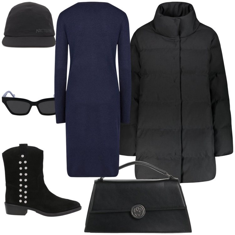 Outfit donna - Città. Stile Urban per Tutti i giorni. Abbinamento con stivaletti texani, borse a mano, piumini, vestiti midi/longuette, occhiali da sole, cappelli.