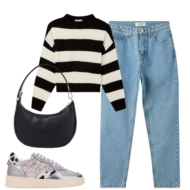 Outfit donna - Gennaio. Stile Casual per Tutti i giorni. Abbinamento con jeans mom, maglieria, sneakers, borse a spalla.