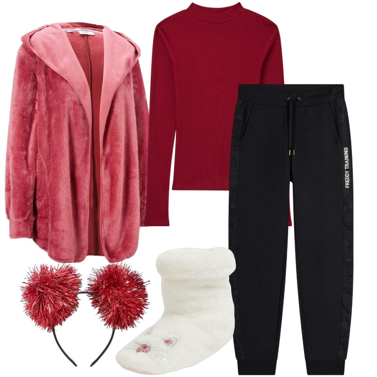 Outfit donna - Comoda a casa. Stile Basic per Tutti i giorni. Abbinamento con blazer, cerchietti, t-shirt, pantofole, pantaloni.