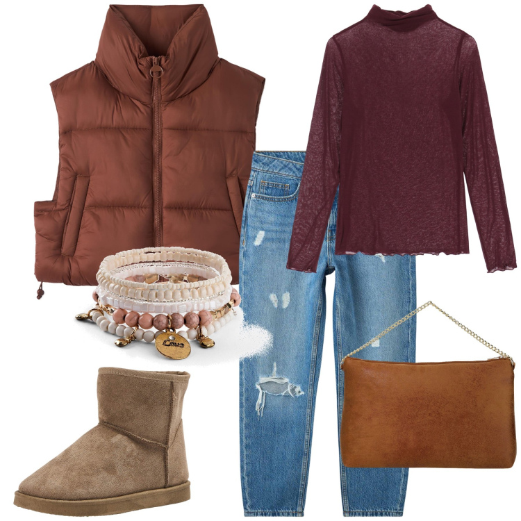 Outfit donna - Cioccolata calda al bar. Stile Trendy per Tutti i giorni. Abbinamento con braccialetti, jeans mom, piumini, stivaletti, pochette, maglieria.