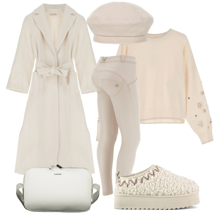 Outfit donna - Winter whites. Stile Casual chic per Tutti i giorni. Abbinamento con cappotti, pantaloni skinny, maglieria, cappelli e berretti, sabot, borse a tracolla.
