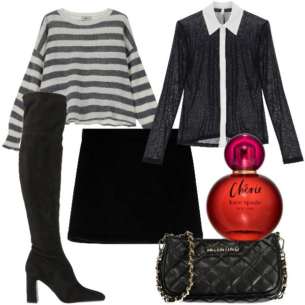 Outfit donna - Preppy in mini. Stile Preppy per Serata fuori. Abbinamento con stivali sopra il ginocchio, profumi, camicie, minigonne, maglieria, borse a spalla.