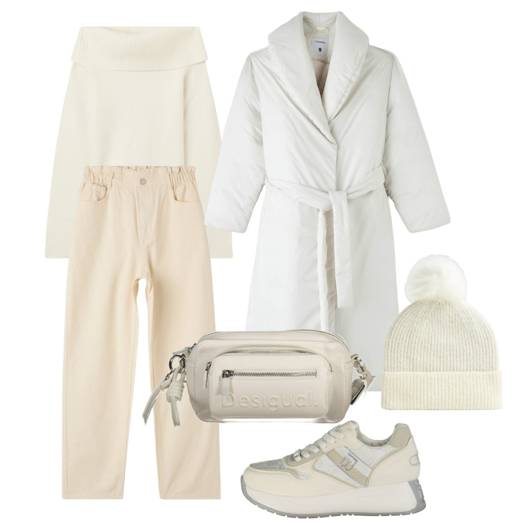 Outfit donna - Speciale Winter Whites. Stile Casual per Tutti i giorni. Abbinamento con maglieria, piumini, pantaloni, berretti, sneakers, borse a spalla.