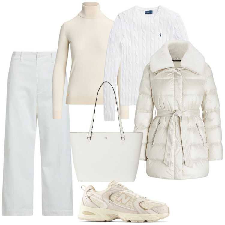 Outfit donna - Speciale Winter Whites. Stile Casual chic per Ufficio. Abbinamento con sneakers, pantaloni, maglieria, maglieria, piumini, borse tote.