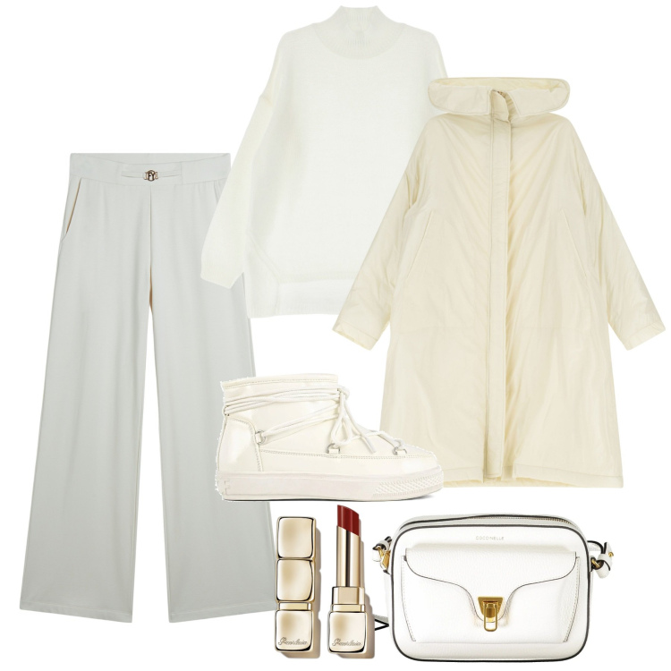 Outfit donna - Speciale Winter Whites. Stile Casual per Tutti i giorni. Abbinamento con rossetti, maglieria, pantaloni, parka, stivali da neve, borse a tracolla.