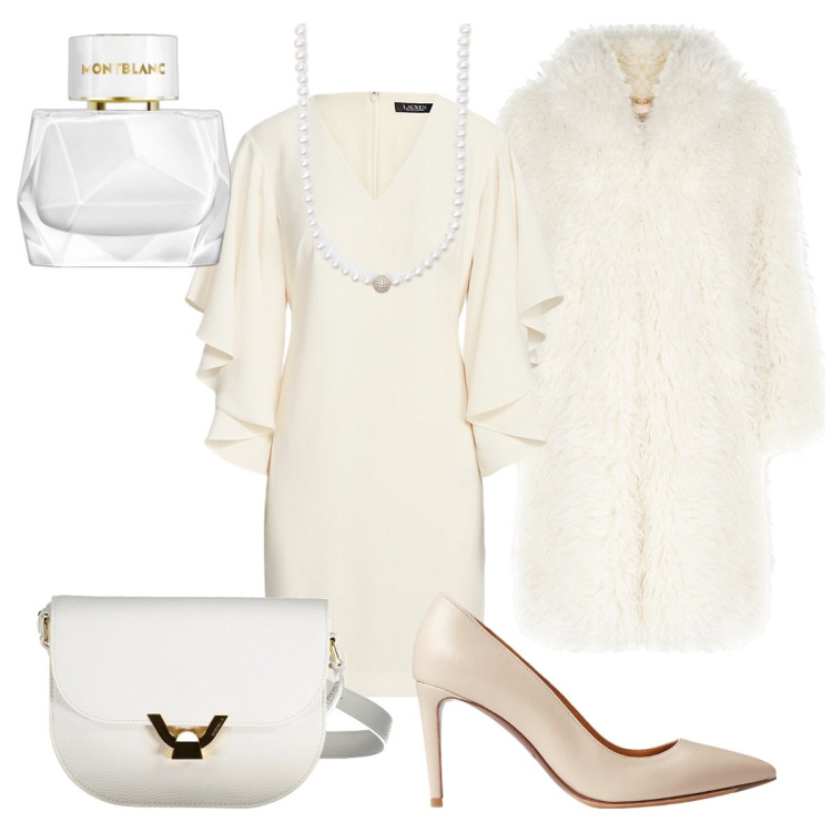Outfit donna - Elegante in Total white d\'inverno. Stile Bon Ton per Cerimonia. Abbinamento con profumi, collane, cappotti, vestiti, décolleté, borse a tracolla.