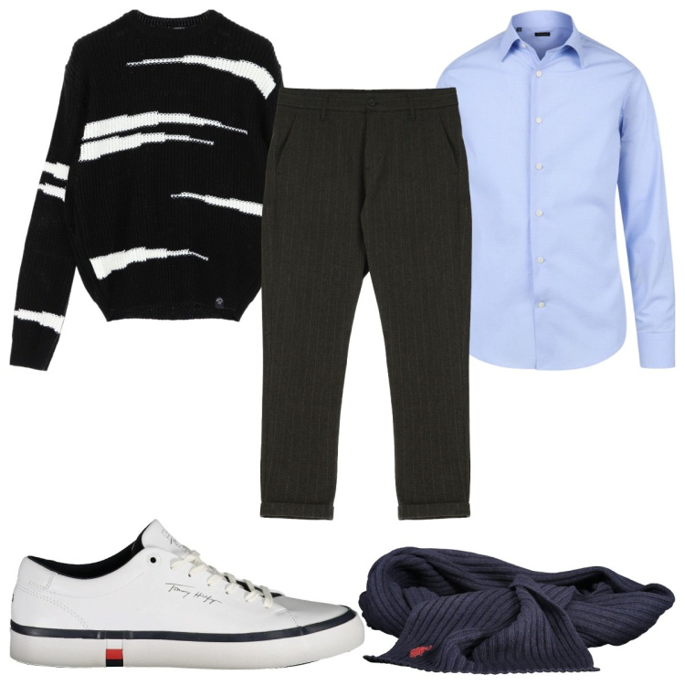 Outfit uomo - Total look #2034623. Stile Trendy per Tutti i giorni. Abbinamento con pantaloni, maglieria, camicie, sciarpe, sneakers.