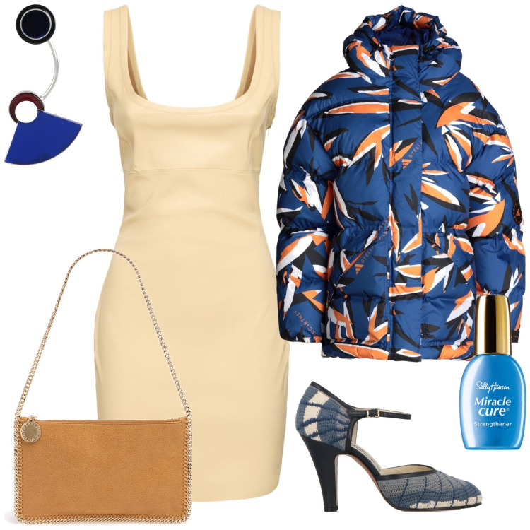 Outfit donna - Il piumino particolare e l abitino. Stile Trendy per Serata fuori. Abbinamento con décolleté, piumini, orecchini, smalti, vestiti, pochette.