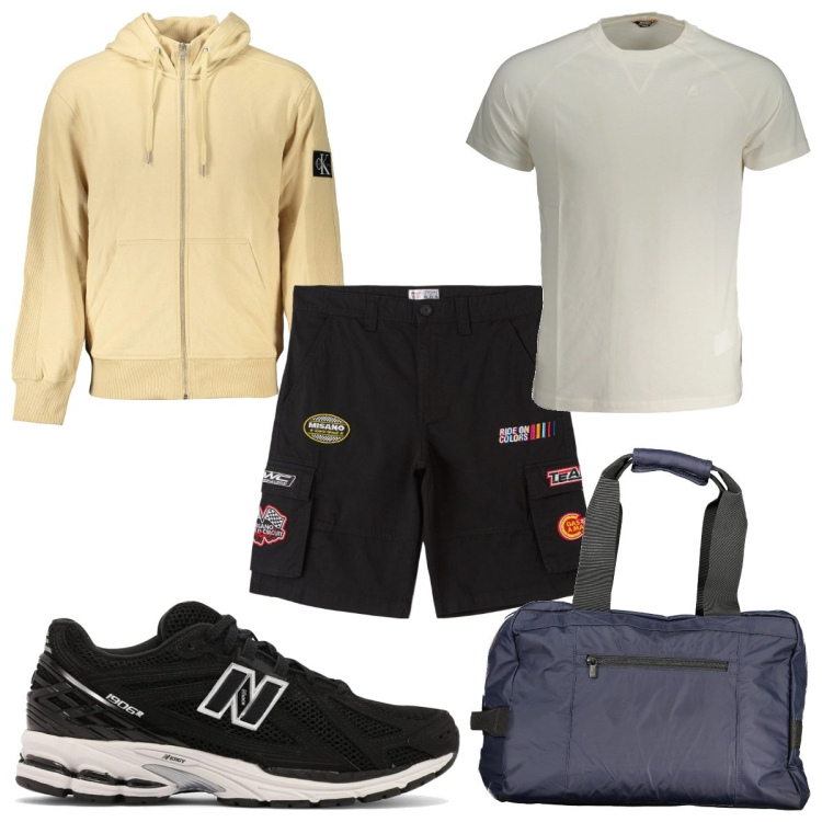 Outfit uomo - Total look #2034634. Stile Trendy per Sport. Abbinamento con bermuda, sneakers, t-shirt, borse sportive, felpe con cappuccio.