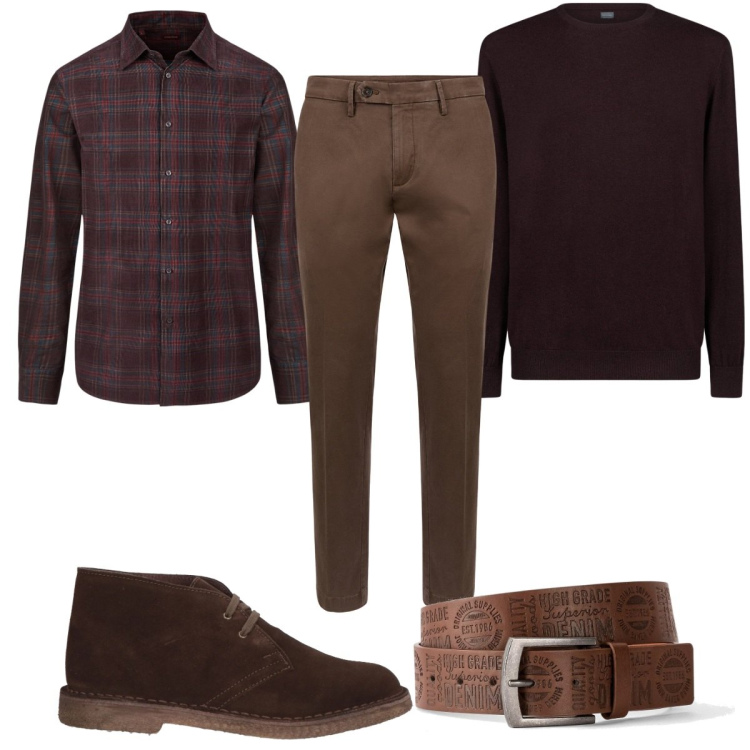 Outfit uomo - Total look #2034642. Stile Casual per Tutti i giorni. Abbinamento con cinture, stivali e stivaletti, maglieria, pantaloni chino, camicie.