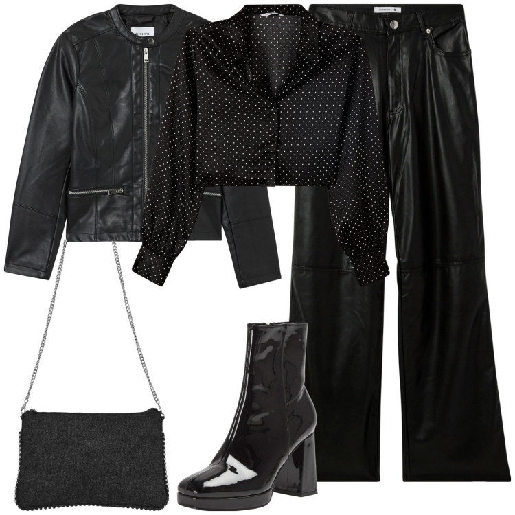 Outfit donna - Total black Terranova. Stile Urban per Serata fuori. Abbinamento con camicie, pantaloni, stivaletti, blazer, borse a tracolla.